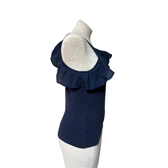 Anthropologie Maeve Ruffled Rib Halter Tank Top Blue Flounce Neck Stretch Cotton - Picture 5 of 8